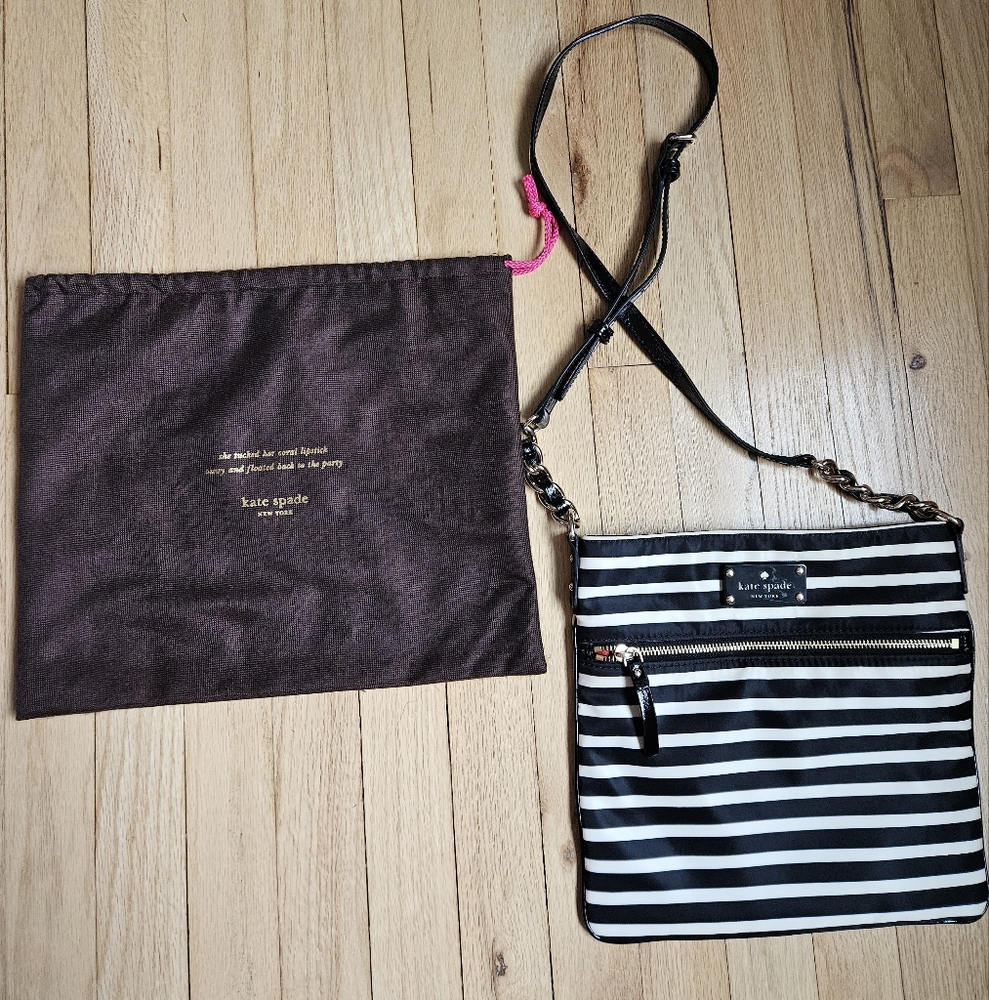 Kate Spade black & white stripe cross body purse, nylon w gold accents
